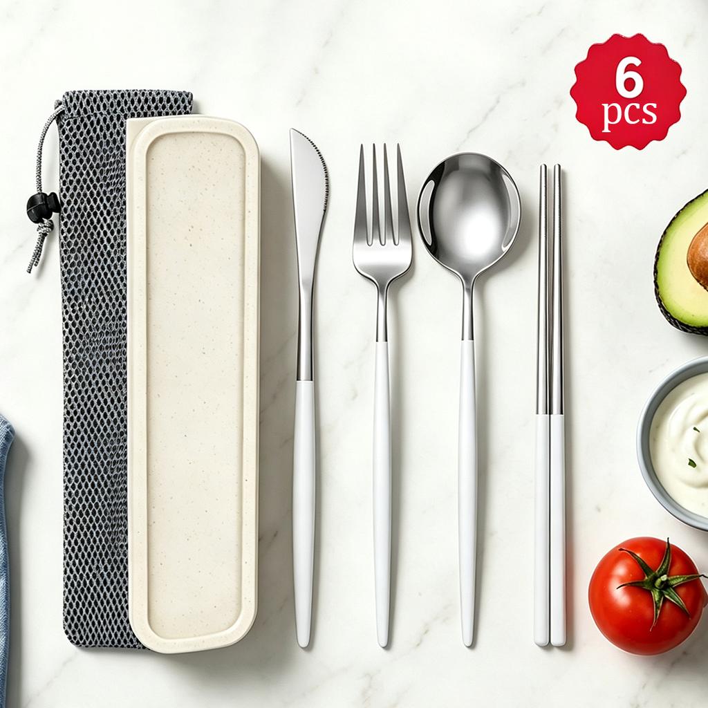 6Pcs Stainless Steel Knife Fork Spoon Chopsticks, Portable Cutlery Set, Reusable Travel Flatware Set with Storage Box & Pouch for Camping Office Lunch