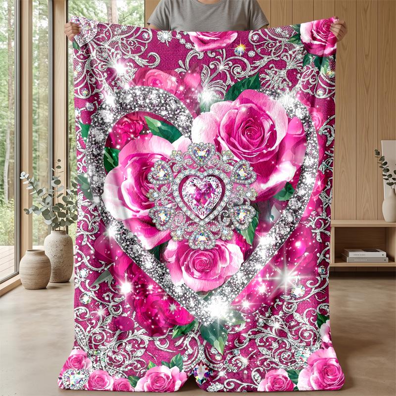 Pink Hibiscus Hearts Pattern Theme blanket Lightweight Warm Flannel Blanket Decorative Throw Blanket for Home Decoration