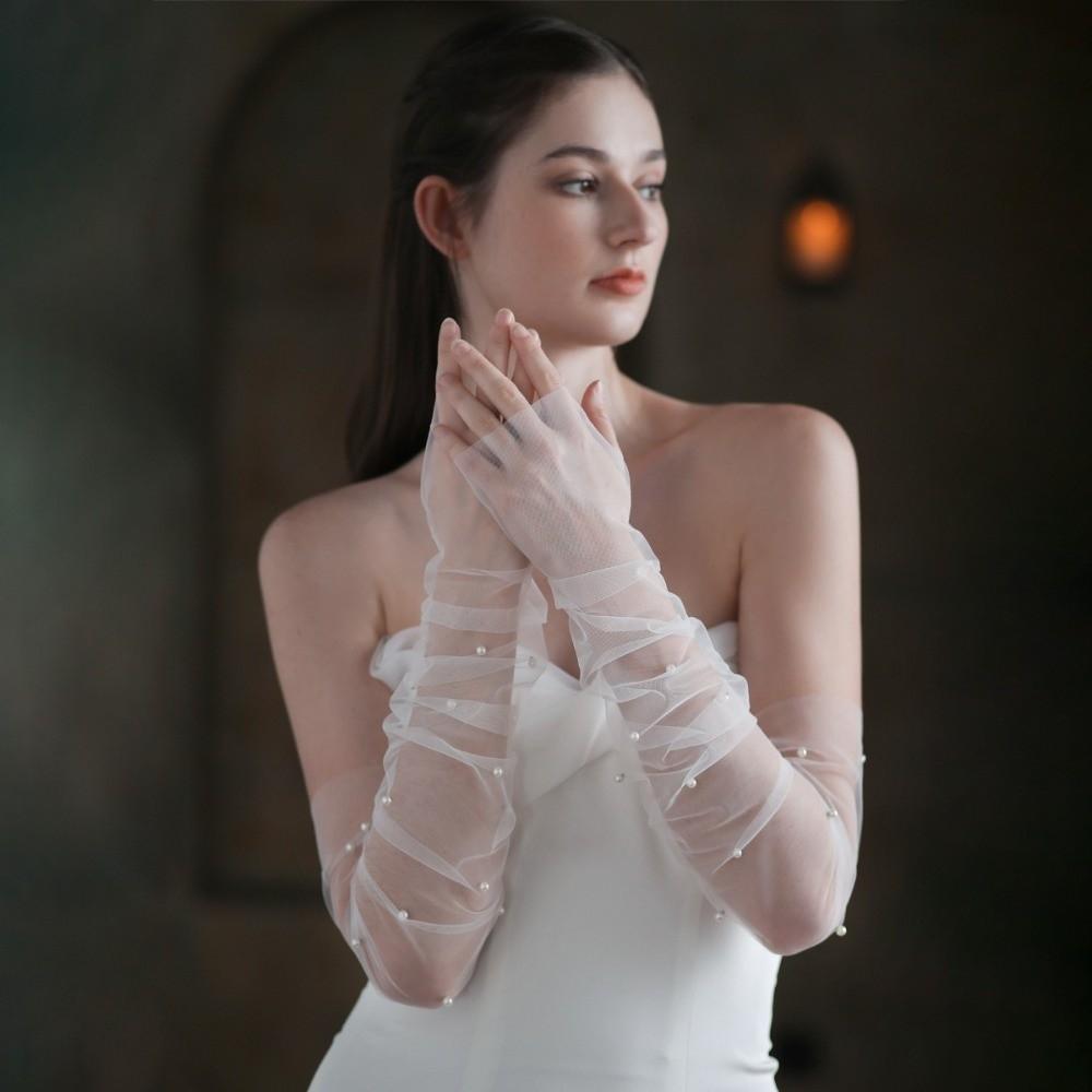 Pearls Wedding Fingerless White Gloves Transparent Mesh Arm Covers Elegant Bridal Gloves  Wedding