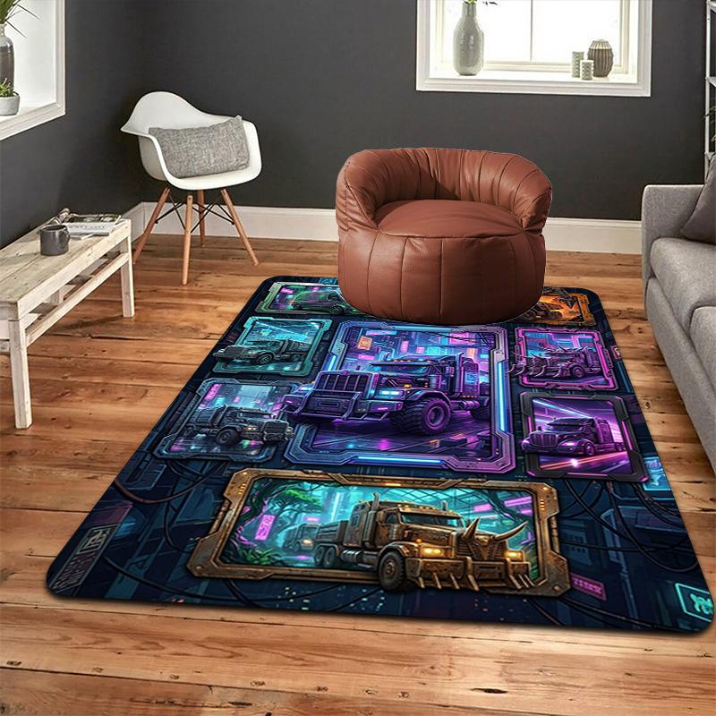 Cyberpunk Truck Gallery Pattern Rug Floor Mat for Living Room or Bedroom Soft and Comfortable Carpet a Gift for Birthday and Holiday.