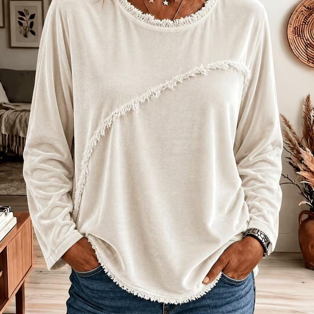 Women's European & American Style Velvet Patchwork Tassel Crew Neck Long Sleeve Top