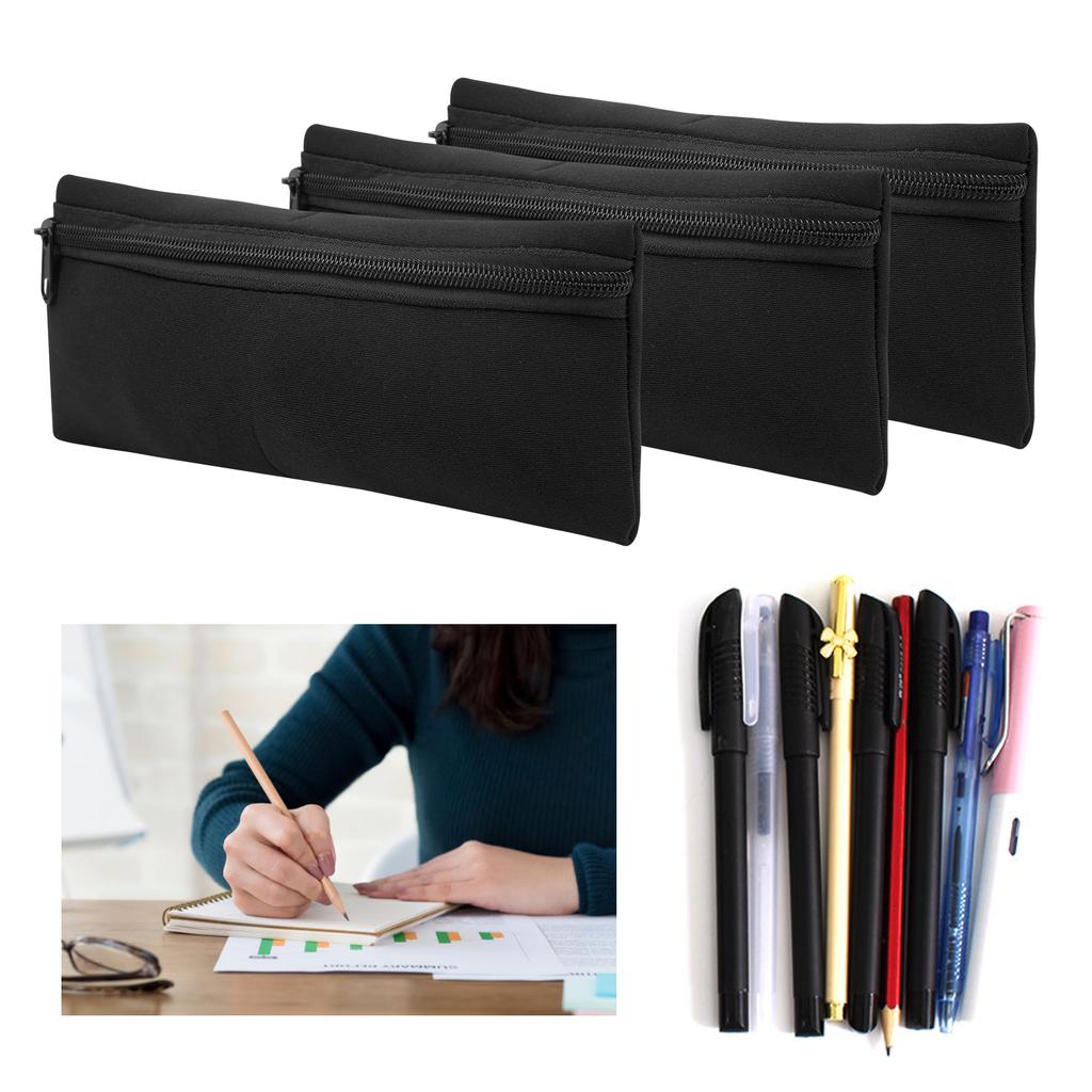 3Pcs Front Zipper Pencil Cases MultiFunction Bag Large Capacity Neoprene Portable Stationery Storage(Black )
