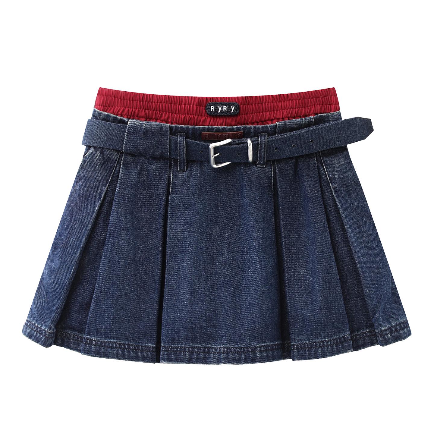 In Stock: 2026 Spring Women s Versatile Blue Patchwork Pleated Denim Skirt L синий