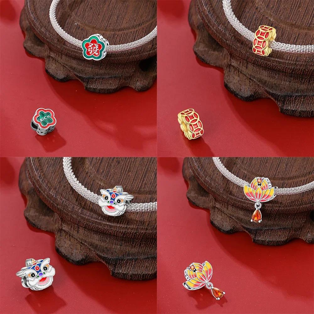 Original Copper Red New Year God Wealth Firecracker Pendant Gold Coin Beads Fit Bracelet Women Diy Gift Accessory