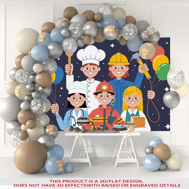 2D Career Exploration Party Background Cloth Community Helpers Banner for Kids 47.2x31.5inch/120*80cm