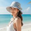 Korean Style Fine Plaid Fisherman Hat Wide Brimmed Versatile Sunscreen Basin Cap with Windproof Rope Polyester Folding Sun Cap
