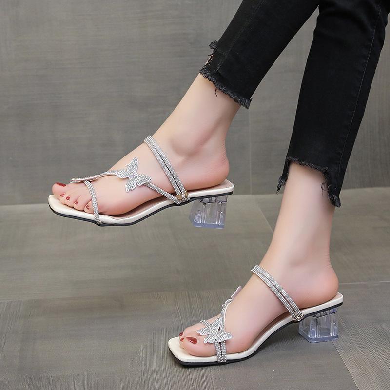 Crystal Rhinestone Butterfly Thick Heel Two Wear Set of Toe Slippers Sandals Summer New Fashion Women