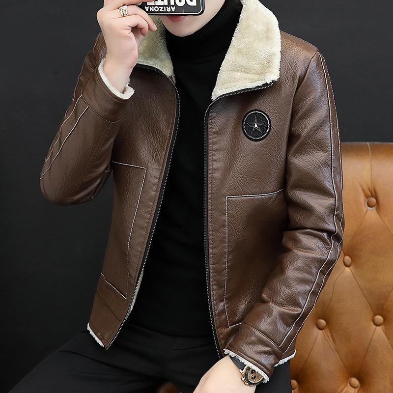Men's 2025 Winter Korean Style Slim Fit Fleece-Lined Leather Jacket - Trendy Casual Coat