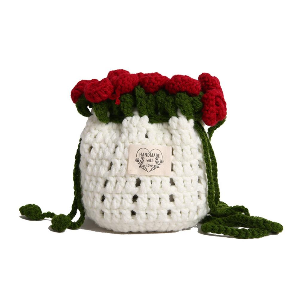 Bohemian Rose Bouquet Weave Bag Crochet Cotton Rope Flower Shoulder Bag Romantic Rustic Knitted Crossbody Bag Birthday Gift