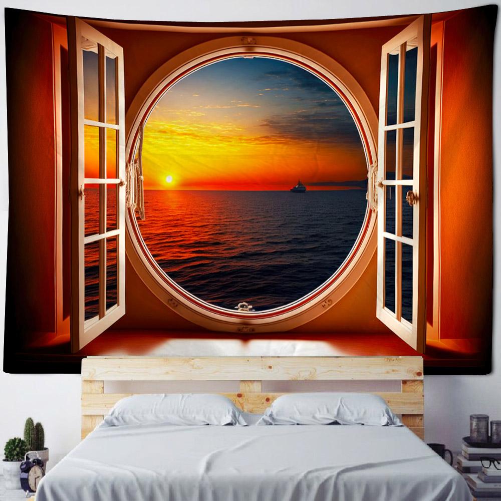 Imitation Window Landscape Tapestry, Wall Hanging, Floral Plants, Living Room, Bedroom, Office, Home Wall Background Cloth