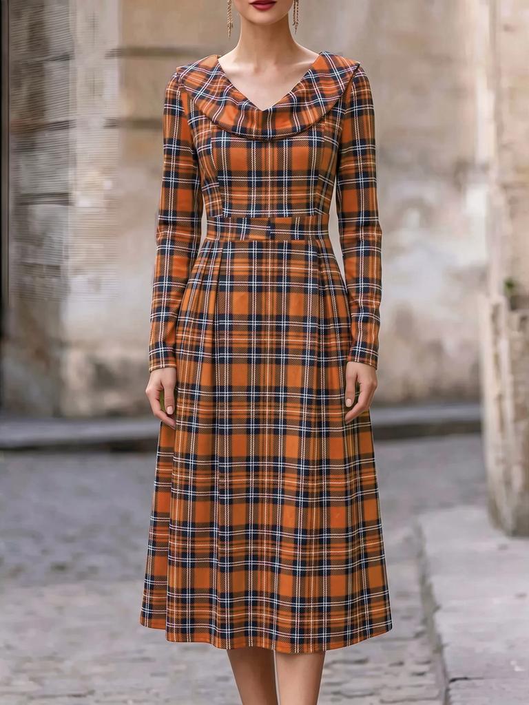 Autumn and Winter European and American New Women's Clothing Plaid Long Dress Printed Women's Clothing Dress Women