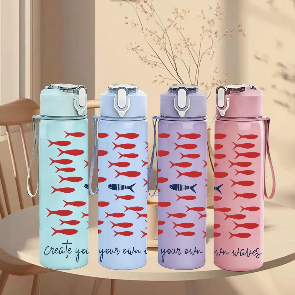 1PC Red Fish School Pattern Print 750ml Color Plastic Sports Water Bottle Leakproof Flip Straw Lid Suitable for Sports Office Home Use
