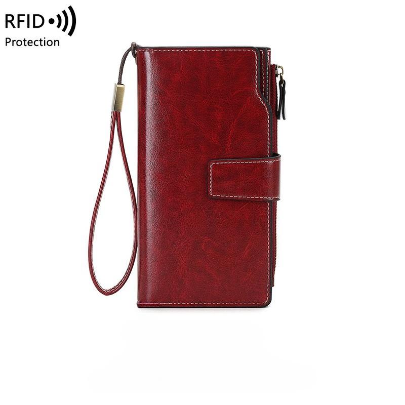 Women PU Leather Long Wallets RFID Antitheft Clutch Zipper Coin Pocket Oil Wax Retro Wallet High Quality Female Card Holder Coin Purse
