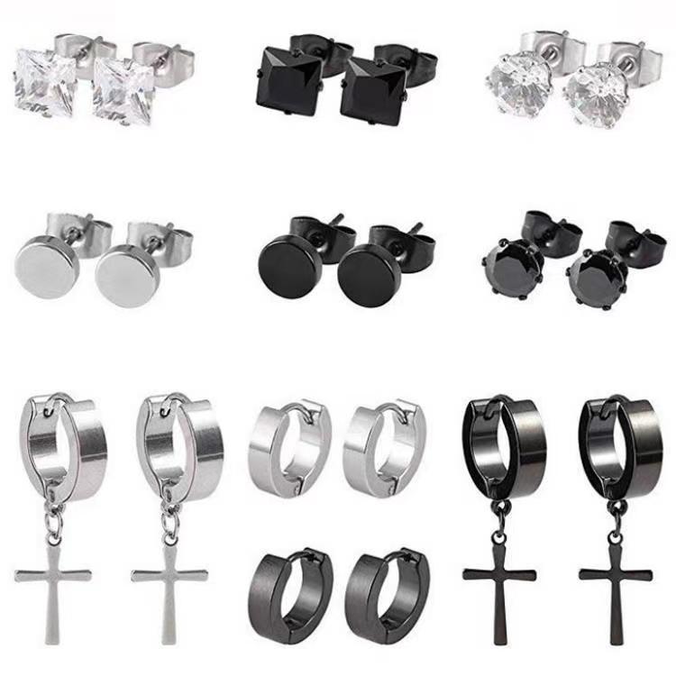 Stainless Steel Hip Hop Men s Stud Earrings Set - Fashionable Cross-border Ear Jewelry