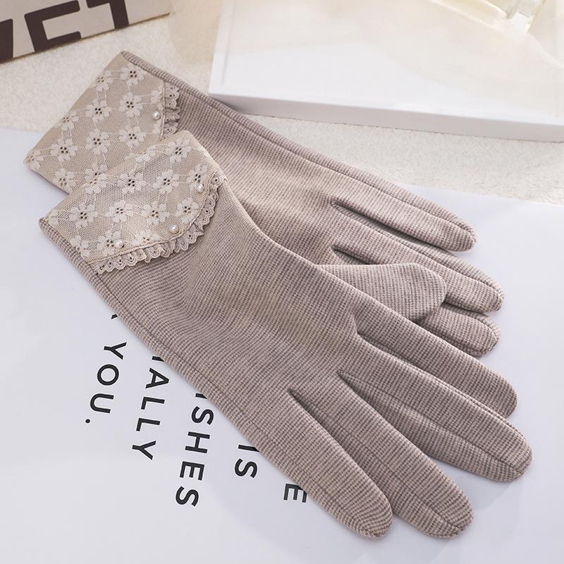 Warm Gloves Single Layer Women's Elegant Lace Houndstooth Outdoor Riding Cold Proof and Wind Proof Touch Screen Autumn and Winter Gloves