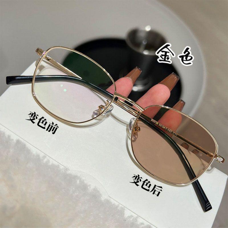 High-end gold wire square glasses men's photosensitive color-changing glasses myopia glasses women's elegant versatile anti-blue flat glasses