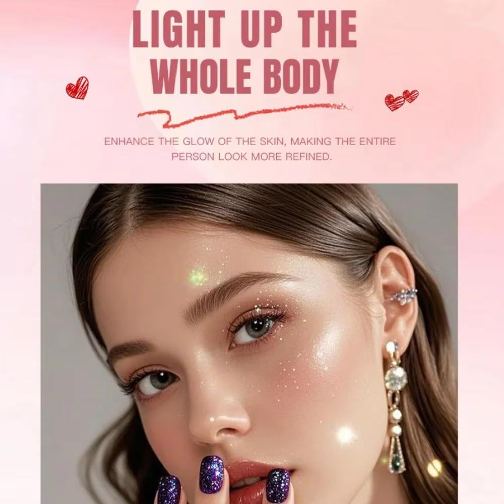 Pink Peach Shining Powder High Glitter Makeup for Face Body Collarbone Highlighting with Soft Puff Multi Use Cosmetic