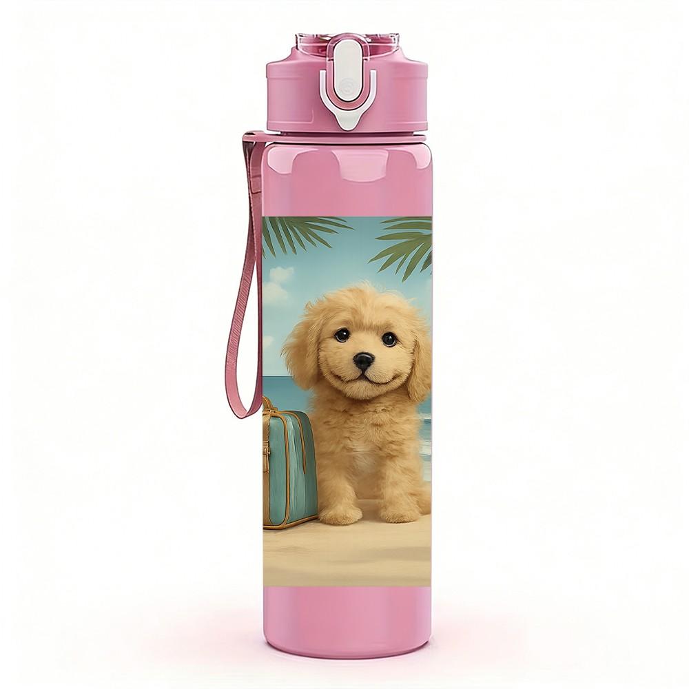 1PC Puppy Dog Beach Luggage Scene Print 750ml Color Plastic Sports Water Bottle Leakproof Flip Straw Lid Suitable for Sports Office Home Use