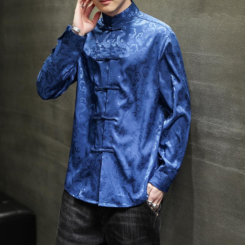 Men Chinese Style Vintage Shirt Mens Tops Tang Suit Fashion Solid Traditional Long Sleeve Stand-Up Collar White Shirt