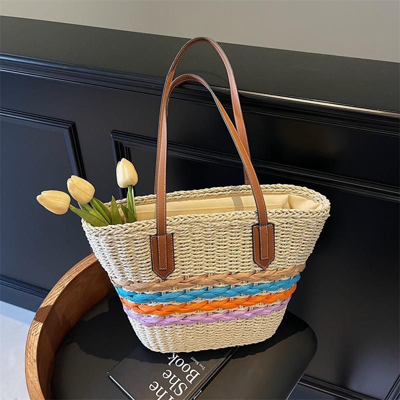 Large Capacity Bag Women's New Fashion Versatile Shoulder Vegetable Basket Straw Woven Seaside Beach Bag