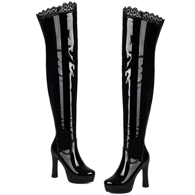 Sexy Thigh High Boots Women Platform High Heels Over the Knee Boot Patent Black White Long Nightclub Shoes Lady Large Size 48