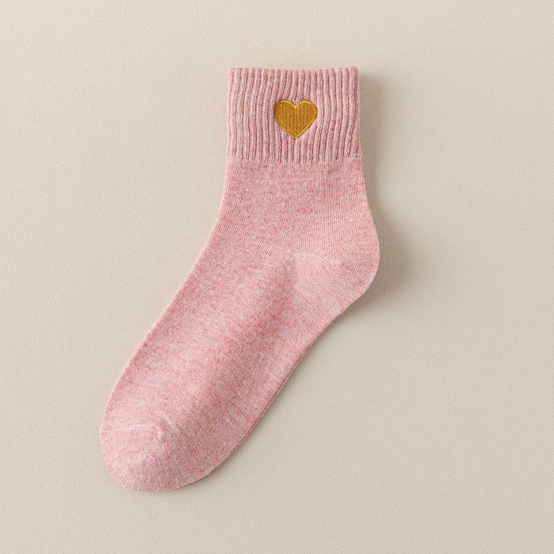 Women's Heart Embroidery Mid-Calf Cotton Socks – Solid Color, Sweat-Absorbing, Odor-Resistant, Ideal for Spring & Summer.