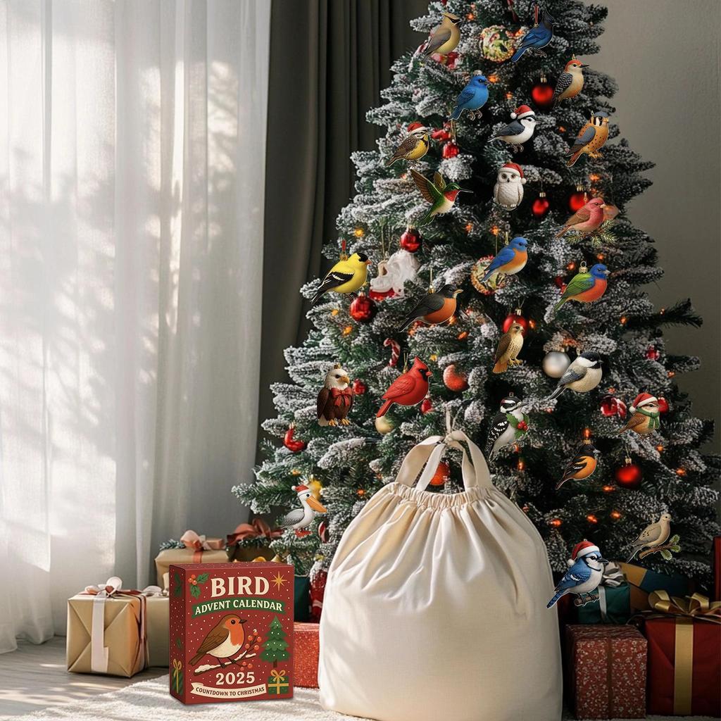 Vánoční adventní hračka 2025 2D plochá akrylová ozdoba 24 dní ptačí ozdoba odpočítávací kalendář pro muže ženy dívky mládež teenagery manželku