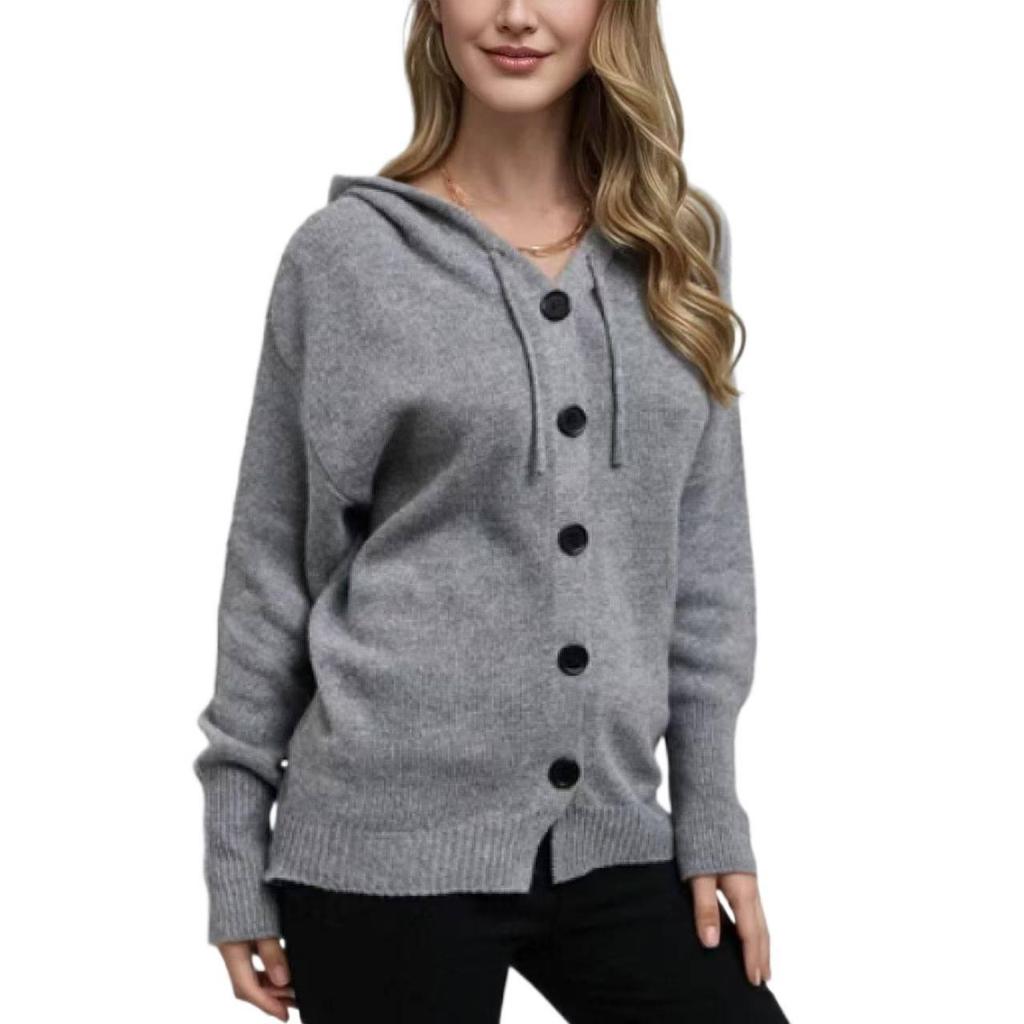 New Single-Breasted Hooded Cardigan Sweater Women's Autumn and Winter V-Neck Solid Color Knitted Sweater
