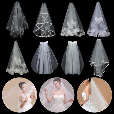 Elegant Two Layer White Ivory Short Simple Wedding Veil Bridal Veil Women's Tulle Lace Edge