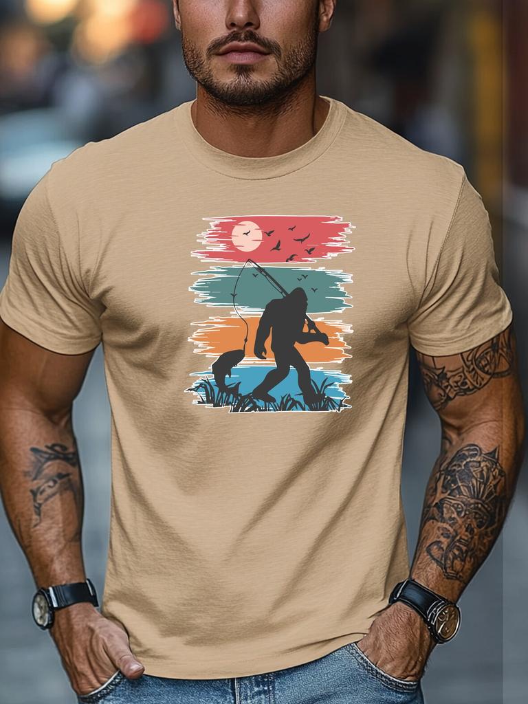 Mens Summer Fishing TShirt Bigfoot Catch Fish Print Short Sleeve Round Neck Breathable Soft Outdoor Daily Wear