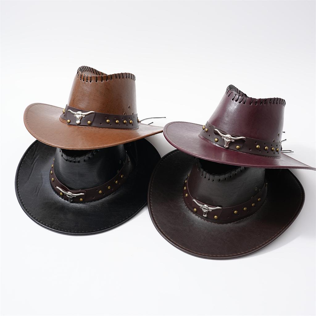 New Unisex PU Leather Wide Brim Gift Hat  Bull Head Belt Hat Strap Suitable for Hiking And Mountain Climbing Denim