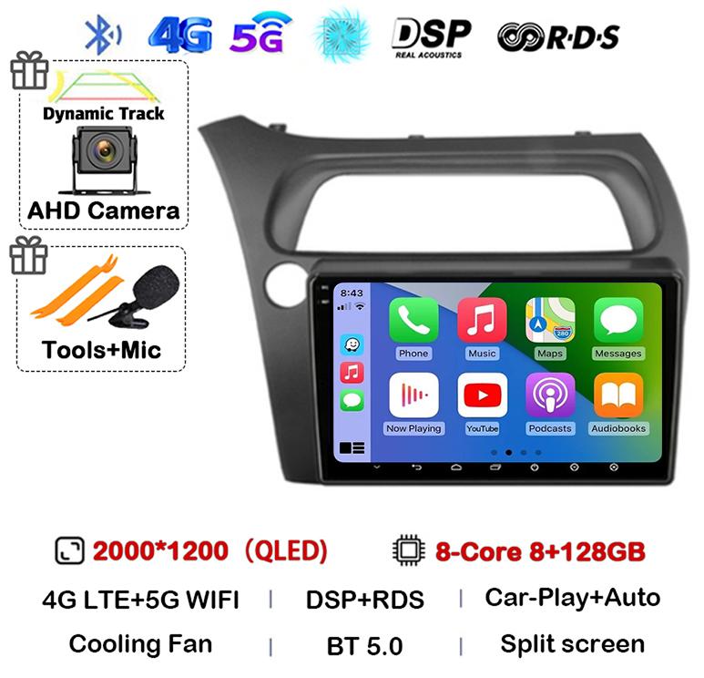 Android 14 WIFI+4G Carplay Car Radio For Honda Civic Hatchback 2006 2007 2008 2009 2010 2011 Multimidia Video Player GPS Stereo