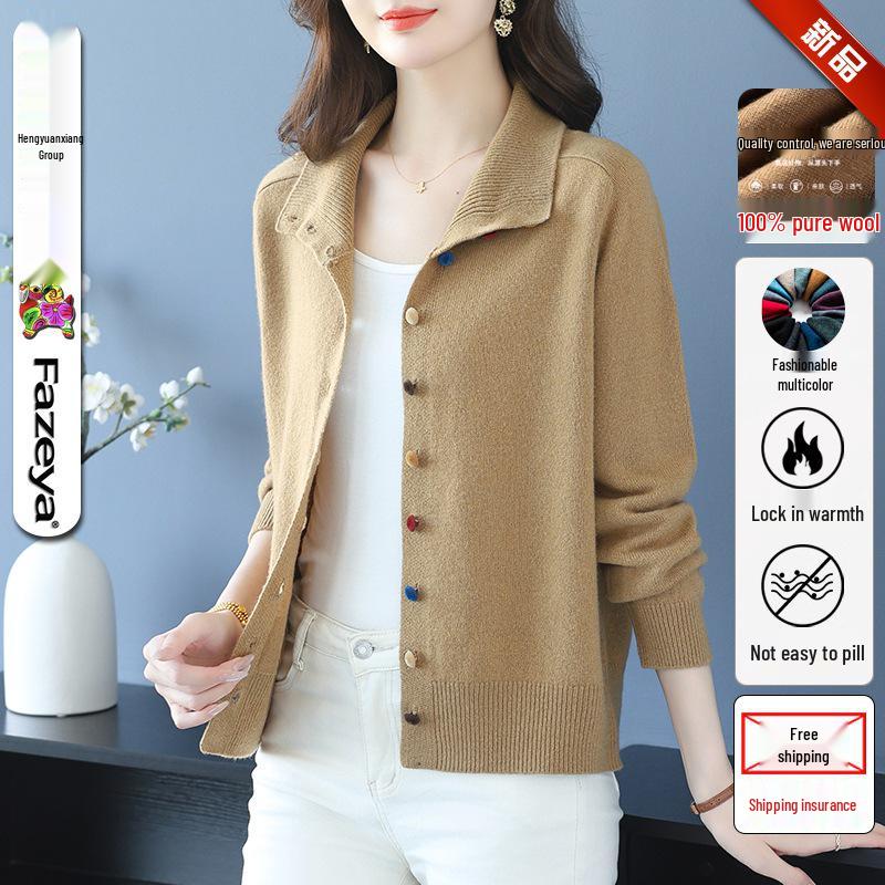 100% Reine Wolle Umlegekragen Damen Strick-Cardigan - Herbstmode Kurze Jacke