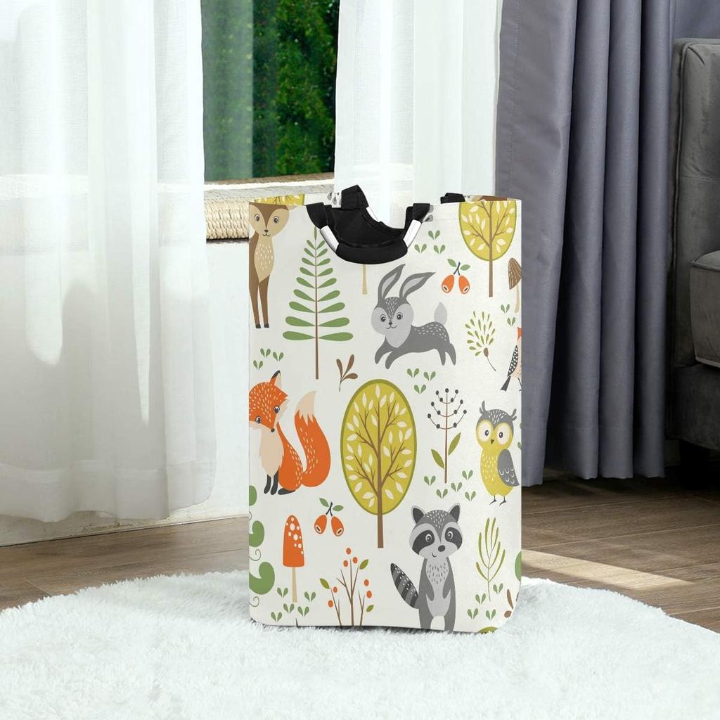 Laundry Hamper Bucket Cute Woodland Animals Trees Mushrooms Berries Collapses Laundry Basket Washing Bin for Home Organizer Nursery Storage Baby