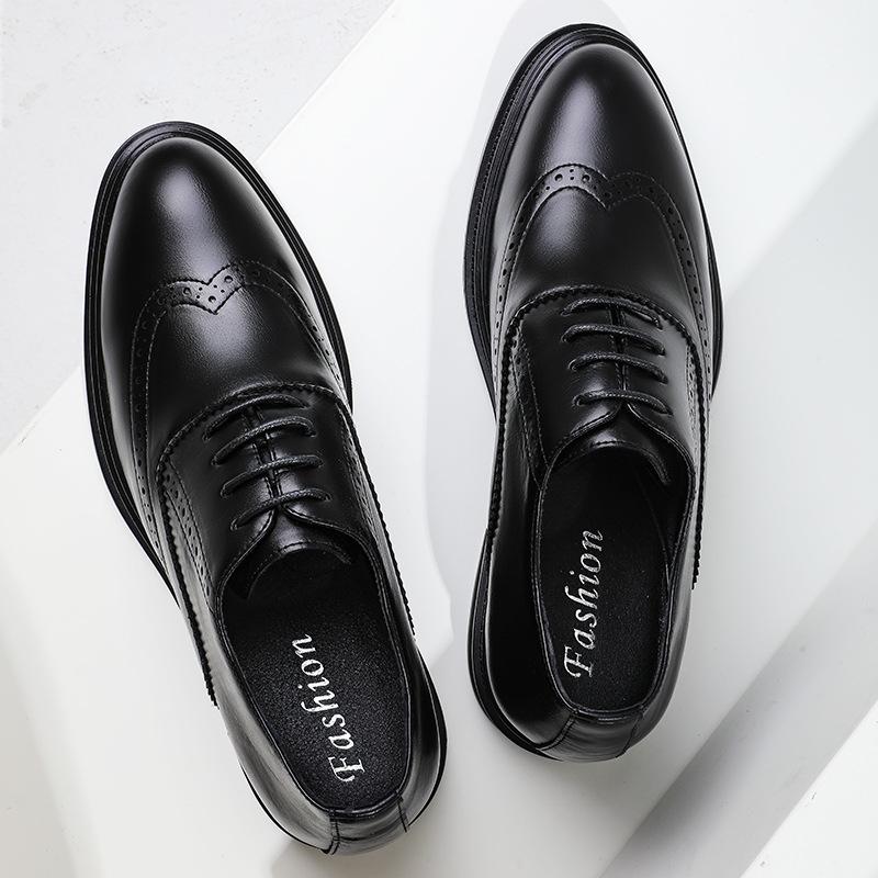 Autumn Brock Leather Shoes Men's Inner Height Increase of 6cm Men's Shoes Leather Breathable Business Dress British Pointed Wedding Shoes