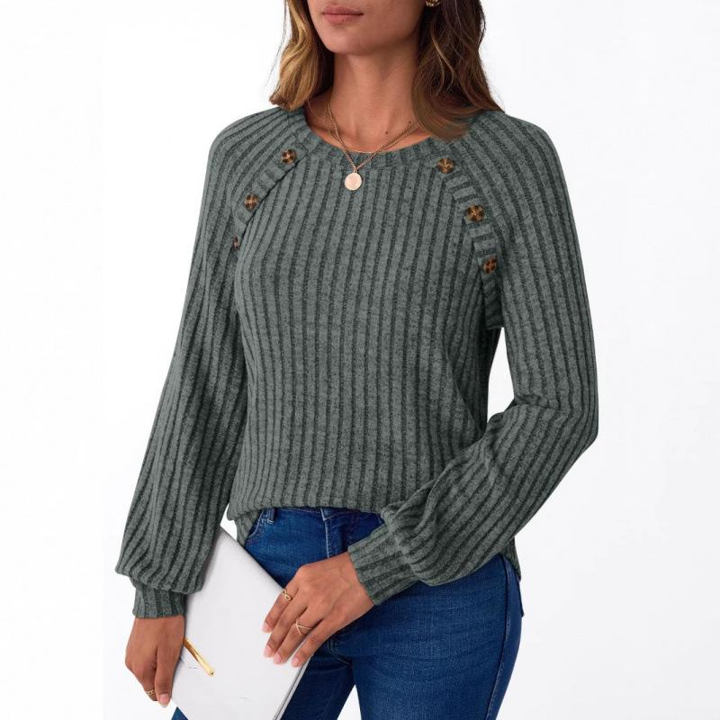 Colors In Stock 2025 Winter New Women's Round Neck Buttoned Patchwork Sweatshirt Bottoming Shirt