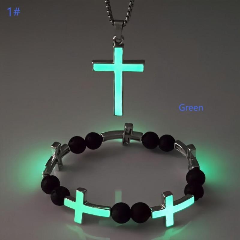 Luminous Cross Necklace+Black Bead Bracelet Combination Set Alloy Luminous Jewelry European and American Style Versatile Couple Accessories