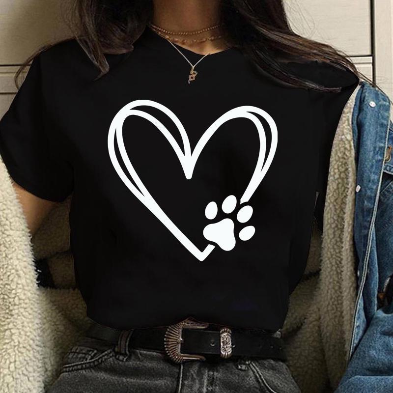 Personalized Creative Heart Dog Paw Print Pattern Printed Tee Women's Funny Casual Shirt Tops Loose Round Neck T-Shirt