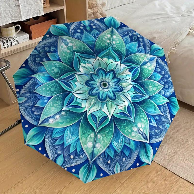 1pc Blue Lotus Mandala Design Umbrella with Plastic Handle,Suitable for All Seasons Home Travel Outdoor UmbrellaDD1060