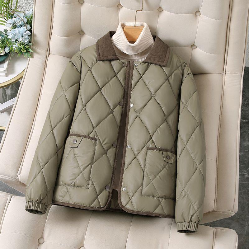 Women's Winter Loose Diamond Pattern Cotton Padded Jacket Lapel Lightweight Short Warm Fashion Outerwear