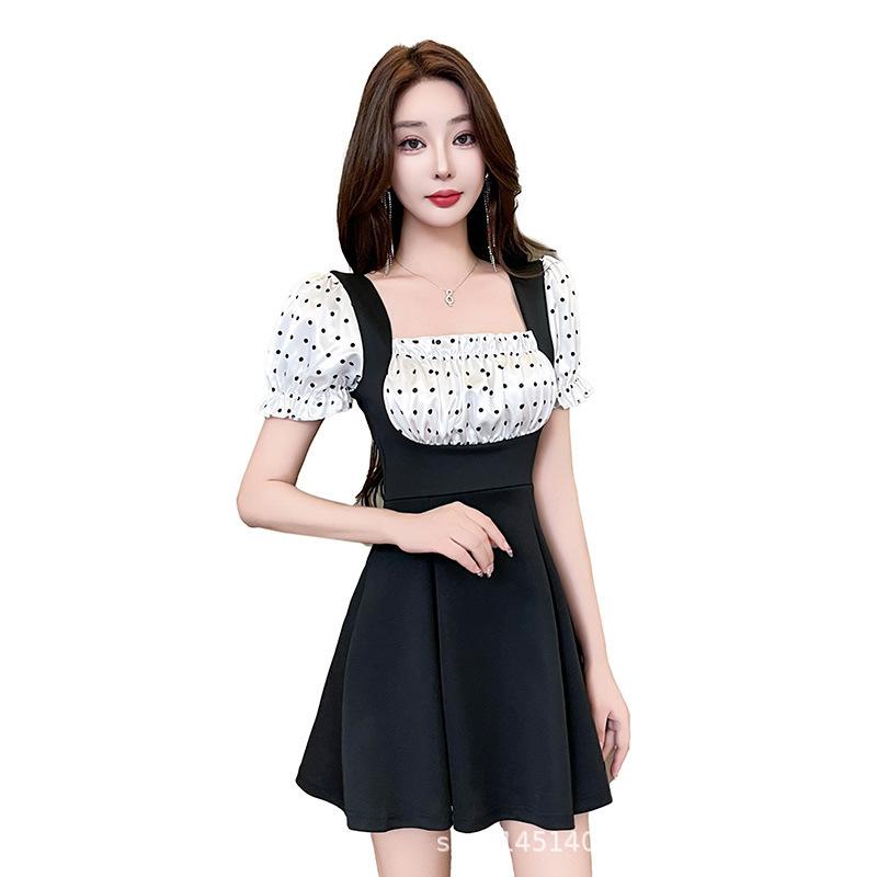 New square neck bubble sleeve color matching polka dot splicing dress women's summer short skirt