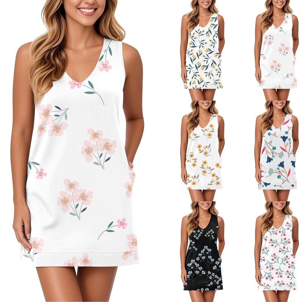 Soft V-Neck Tank Dress For Women Sleeveless Sundress Casual Relaxed Summer Dress With Pocket