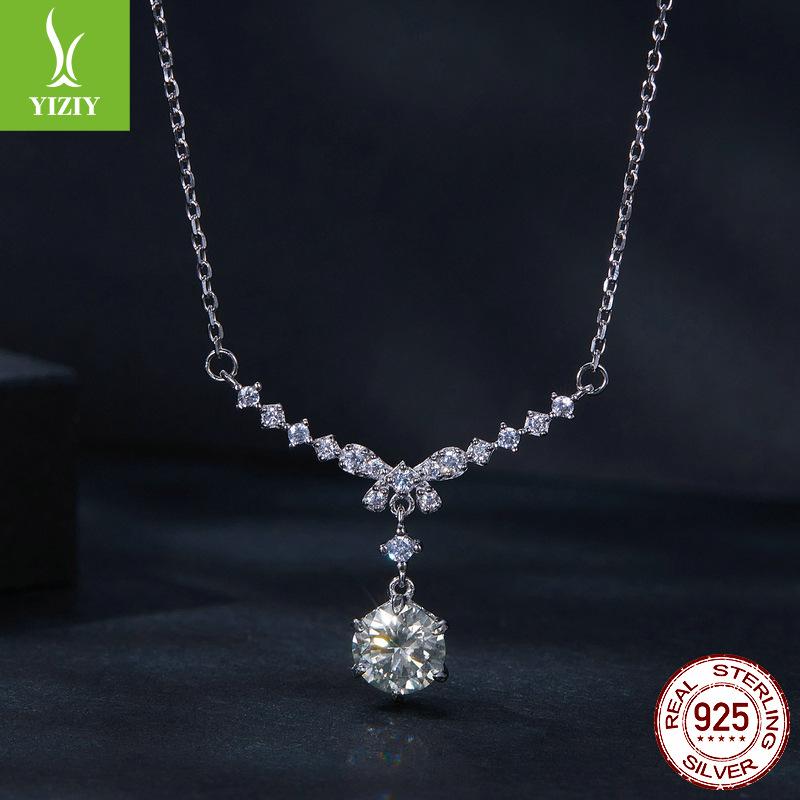 One Carat Bow Mozzarella Diamond Necklace Women, Elegant Luxury Style S925 Sterling Silver Collarbone Chain