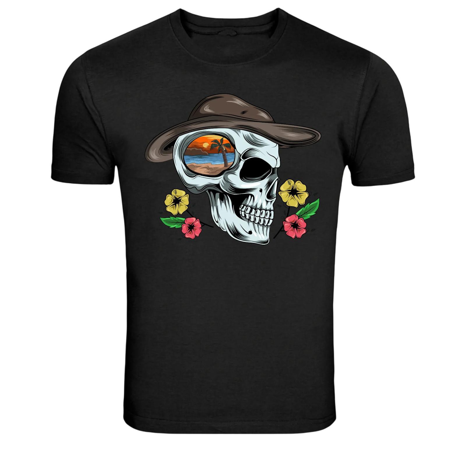 Skull Cowboy Hat Sunset Beach Vintage Graphic T-Shirt S
