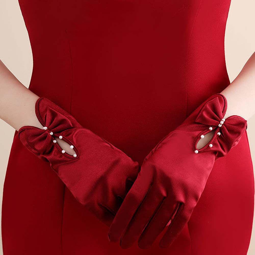 Dinner Gloves Red Hand Sleeve Pearl Satin Mittens Wedding Bridal Gloves Bow Gloves Women Gloves