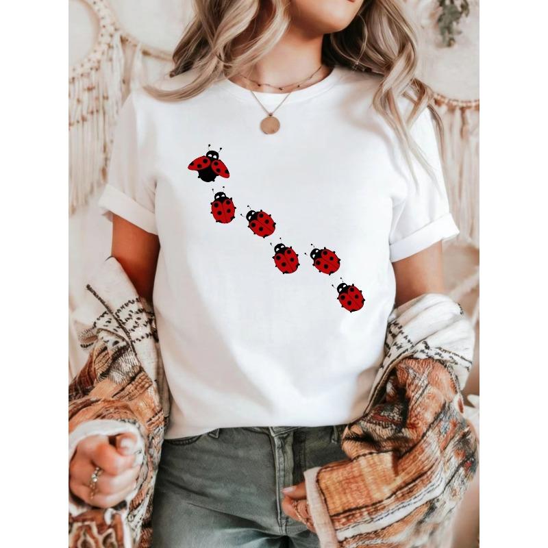 Women's Y2K Slim Fit Solid Color Short Sleeve T-Shirt Red Ladybug Print Casual Crew Neck Pullover Top