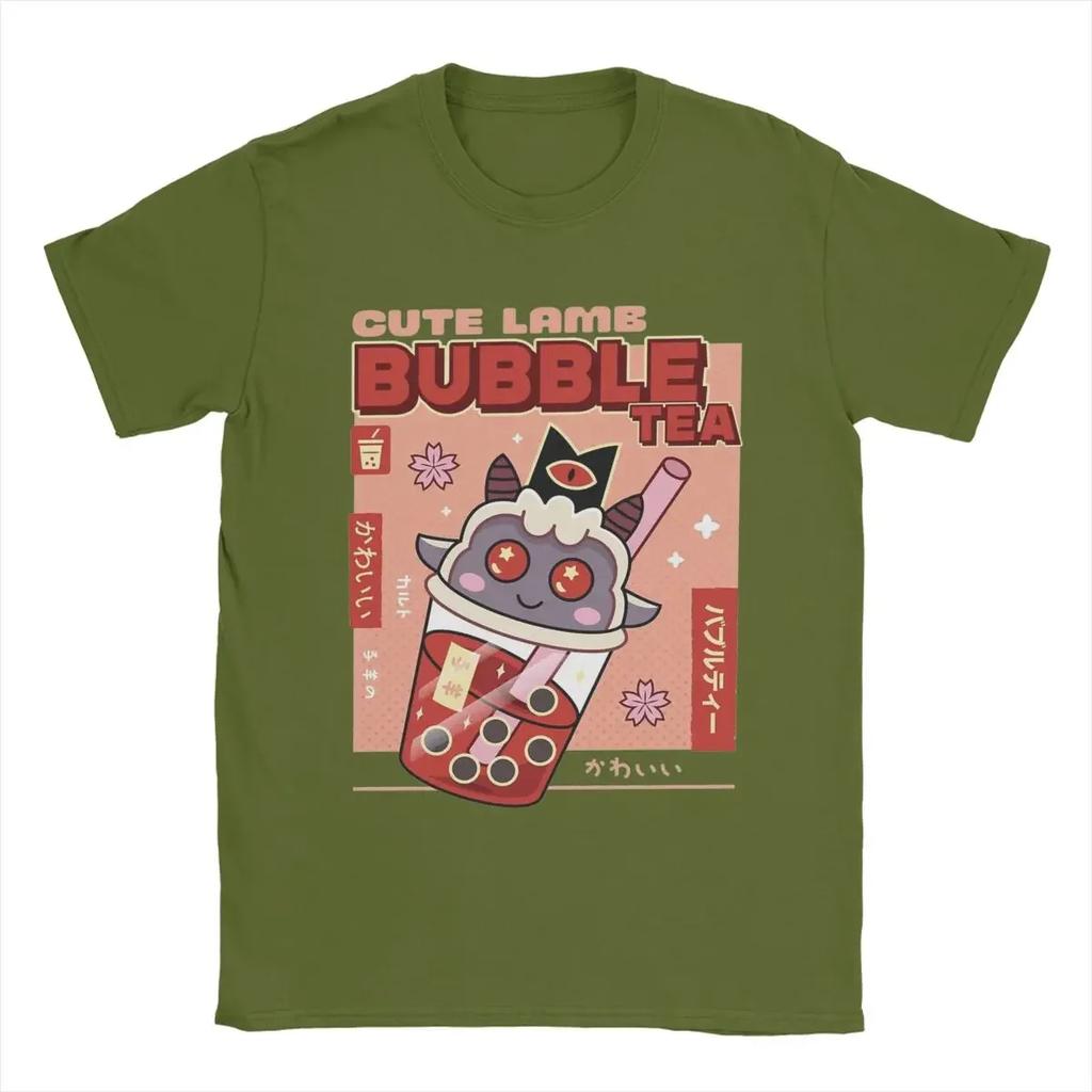Casual Cute Lamb Bubble Tea Cult Of The Lamb TShirt Unisex O Neck 100 Cotton T Shirt Game Anime Tees Printing Clothes