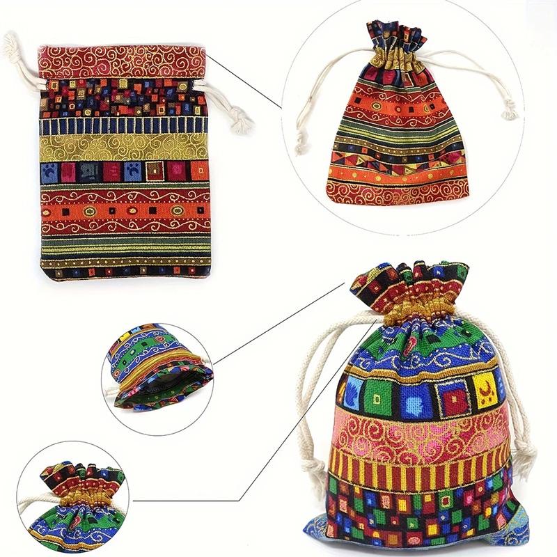 1/10PCS Ethnic Style for Weddings Christmas Stripe Buddhist Beads Sorting Bag Drawstring Pocket Bag Bohemian Jewelry Bag Cotton