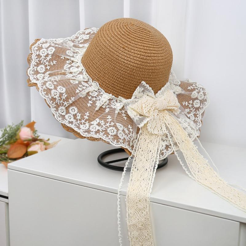 Lace Bow Big Brim Straw Hat Seaside Beach Sunscreen Hat Ladies Pretty Sun Hat