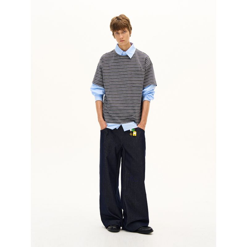 Madwitch American-Style Fake Two-Piece Patchwork Striped Shirt Collar Long-Sleeve T-Shirt for Men and Women, Retro Cool Design Top